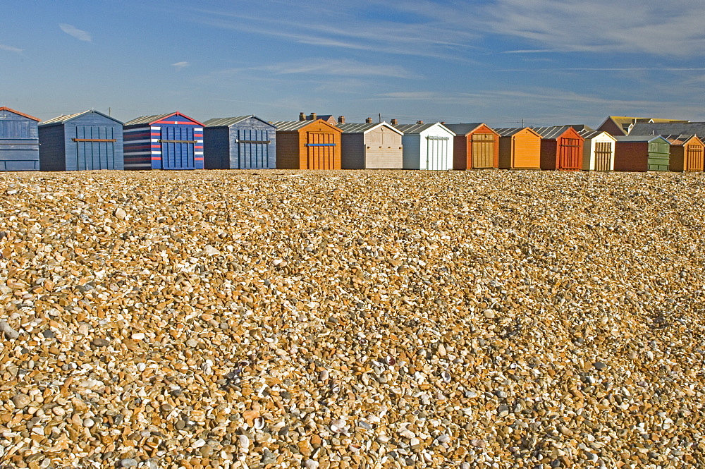 Beach huts locked up for winter, Hayling Island, Hampshire, England, United Kingdom, Europe