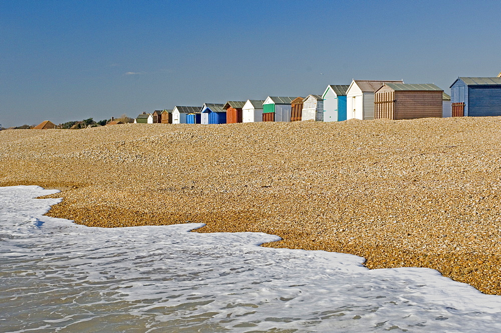 Beach huts locked up for winter, Hayling Island, Hampshire, England, United Kingdom, Europe