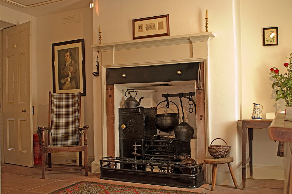 A ground floor interior with full kitchen range, Robert Burns cottage, Burns Steet, Dumfries, Dumfries and Galloway, Scotland, United Kingdom, Europe