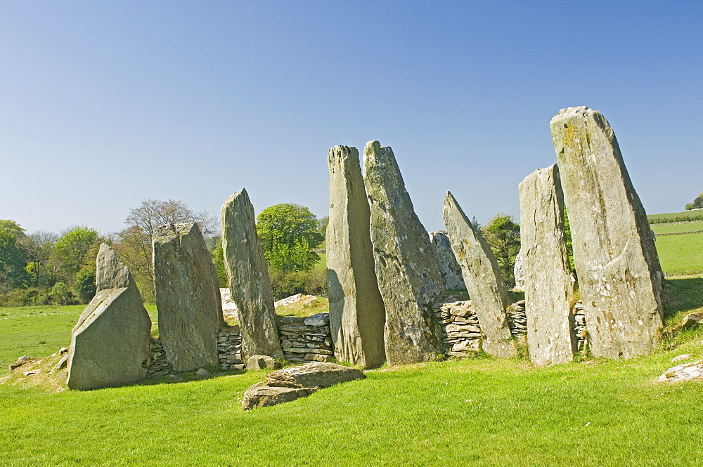 Chambered cairn at Cairnholy, the area in front of the wall and Sentinel Stones is believed to have been for worship or communal purposes, near Creetown, Dumfries and Galloway, Scotland, United Kingdom, Europe