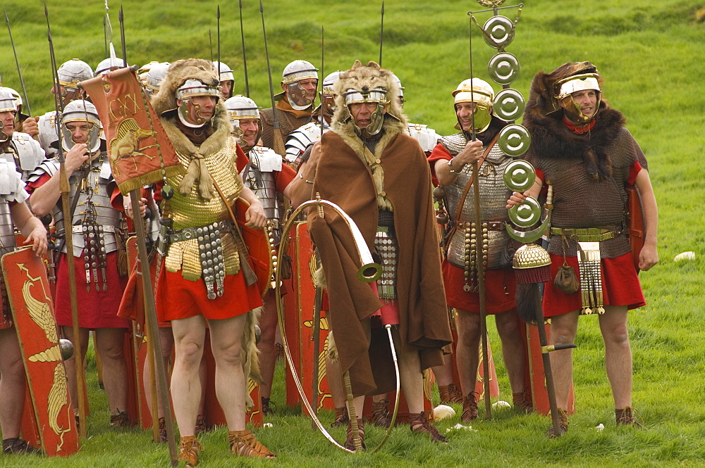 Ermine Street Guard, at ease, with Standard Bearers and Trumpeter, Birdoswald Roman Fort, Hadrians Wall, Northumbria, England, United Kingdom, Euruope