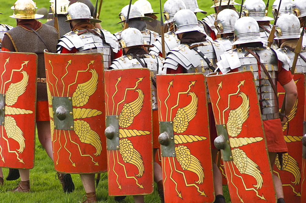 Roman soldiers of the Ermine Street Guard on the march, armour and shield detail, Birdoswald Roman Fort, Hadrians Wall, Northumbria, England, United Kingdom, Europe