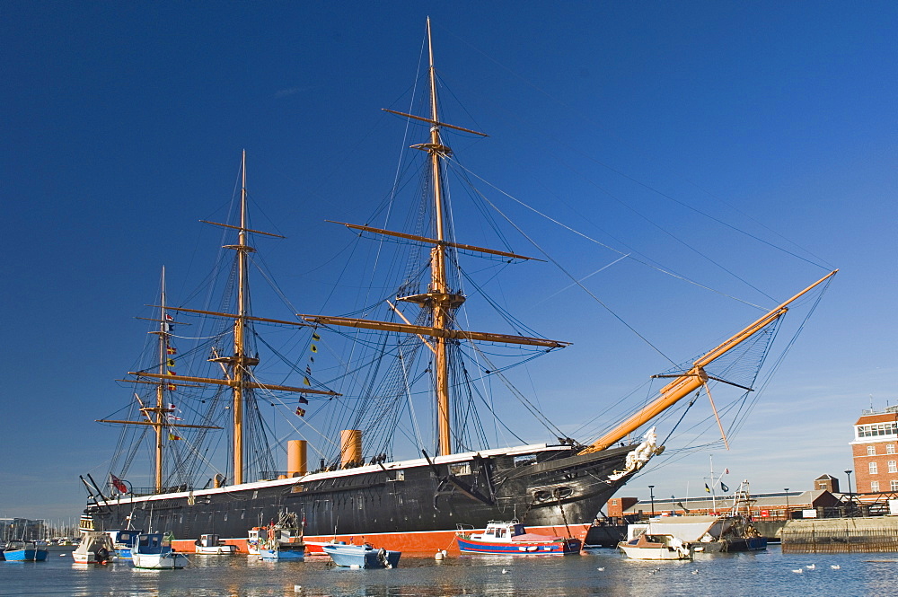 HMS Warrior, 1860, iron hull, built 1769-1765, sail and steam powered, Portsmouth Historical Dockyard, Portsmouth, Hampshire, England, United Kingdom, Europe