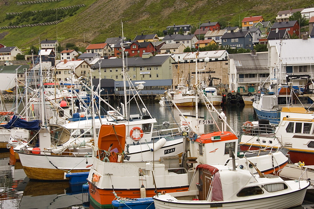 Fishing vessels and part of the small town of Honningsvaag, North Cape, Norway, Scandinavia, Europe