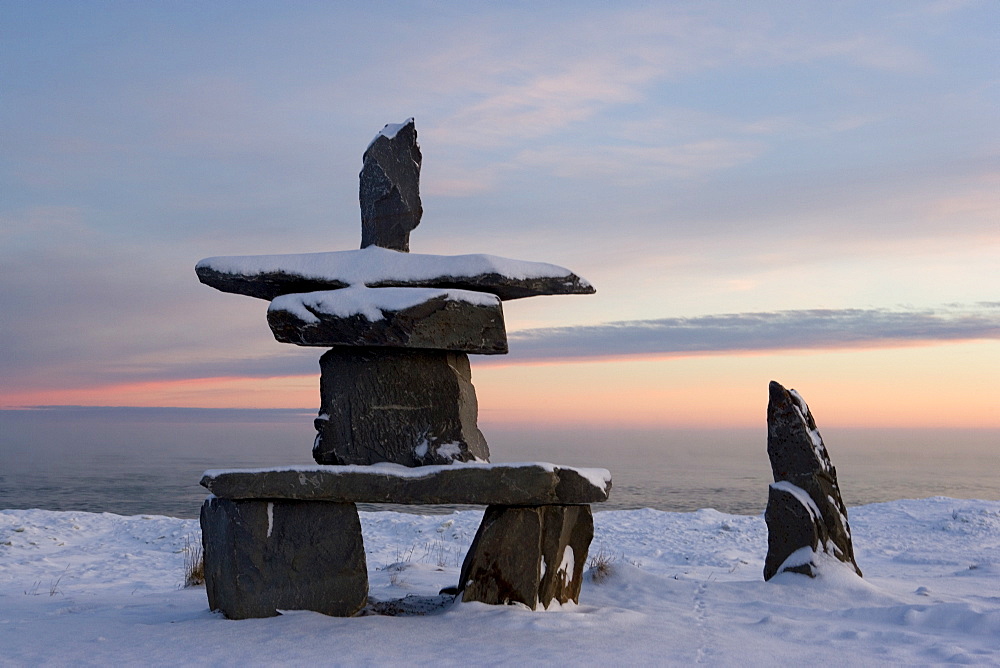 Inukshuk, Inuit stone landmark, Churchill, Hudson Bay, Manitoba, Canada, North America