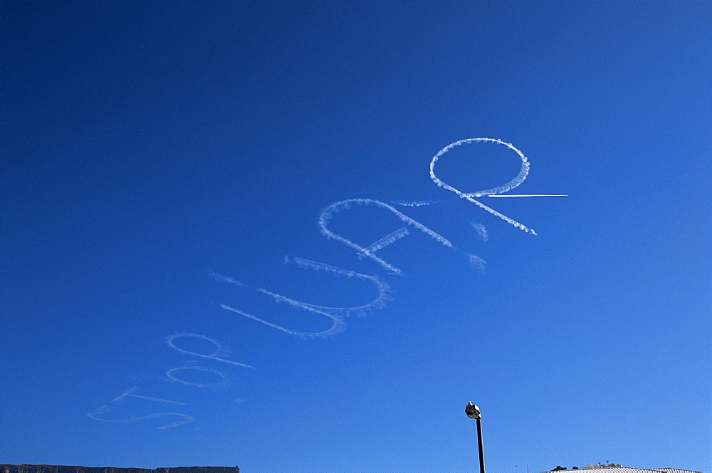 Stop War sign written in sky in vapour from aeroplane, Cape Town, South Africa, Africa