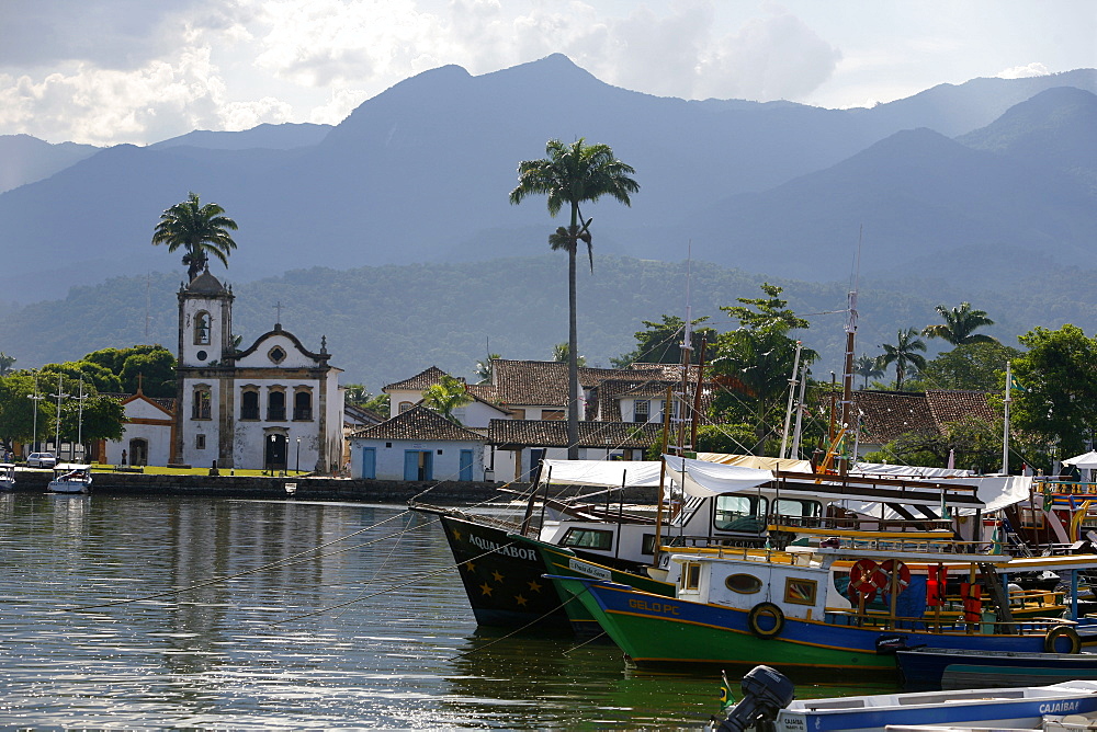 View over Santa Rita church and the harbour, Paraty (Parati), Rio de Janeiro State, Brazil, South America