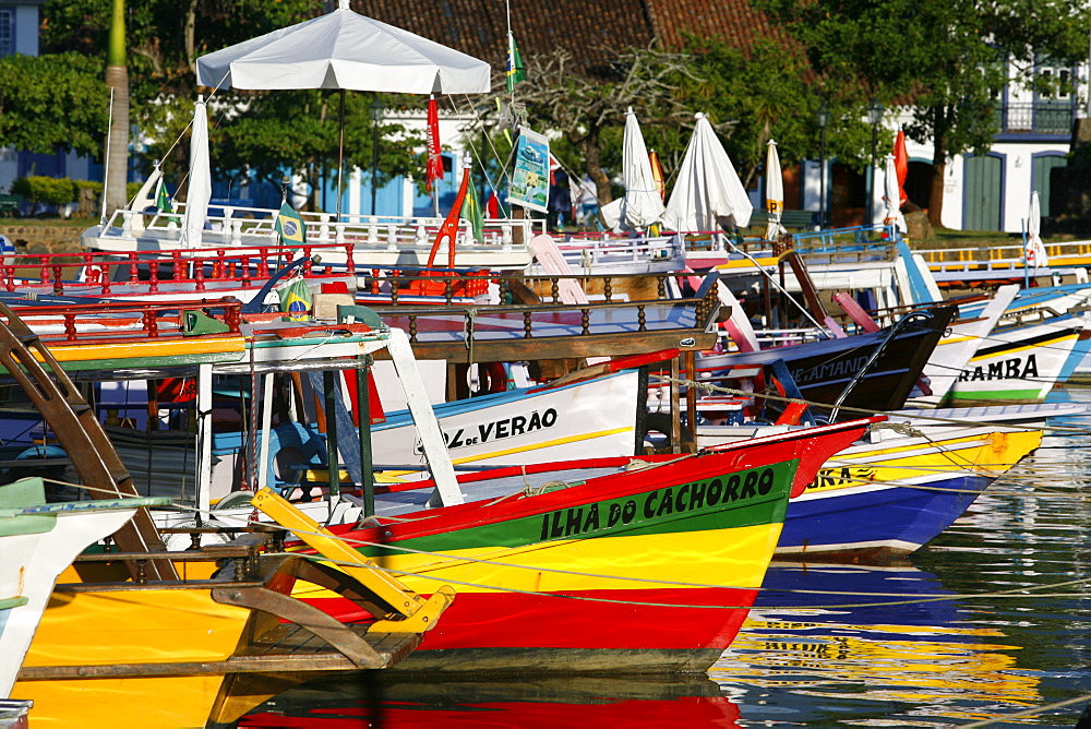 Colorful fishing boats in the harbour, Paraty (Parati), Rio de Janeiro State, Brazil, South America