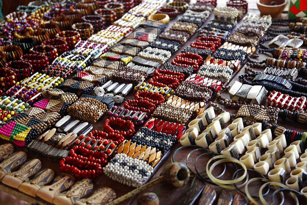 Crafts for sale at the souvenir shop of the Pataxo Indian people at the Reserva Indigena da Jaqueira near Porto Seguro, Bahia, Brazil, South America