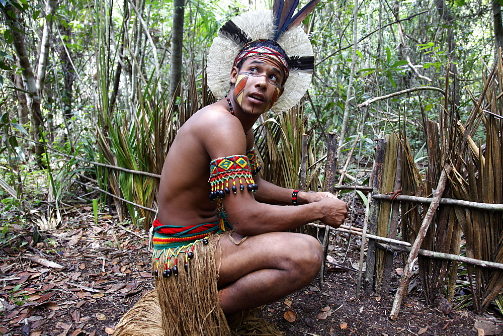 Portrait of a Pataxo Indian man at the Reserva Indigena da Jaqueira near Porto Seguro, Bahia, Brazil, South America