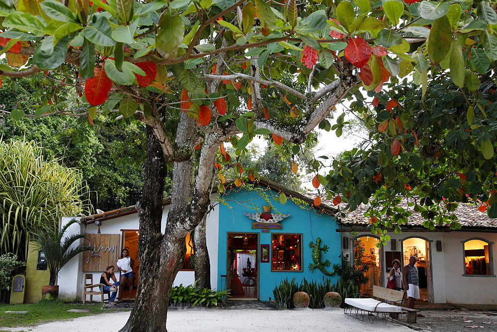 Colorful houses at Quadrado, the main square in Trancoso, Bahia, Brazil, South America