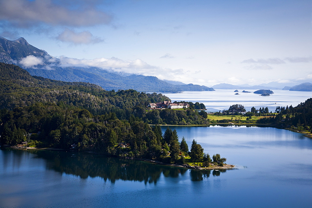 View over Nahuel Huapi lake and Llao Llao hotel near Bariloche, Lake District, Patagonia, Argentina, South America 