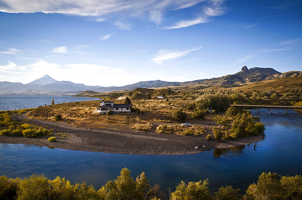 View over Lanin volcano and Lago Huechulafquen, Lanin National Park, Patagonia, Argentina, South America 