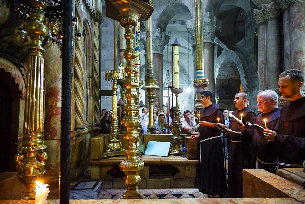 Franciscan monks at the Church of the Holy Sepulchre in the Old City, Jerusalem, Israel, Middle East