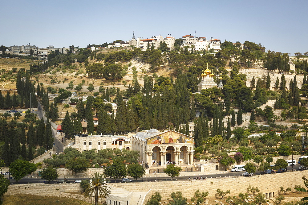 View over the Basilica of the Agony, Gethsemane, and the Maria Magdalena church on Mount of Olives, Jerusalem, Israel, Middle East 