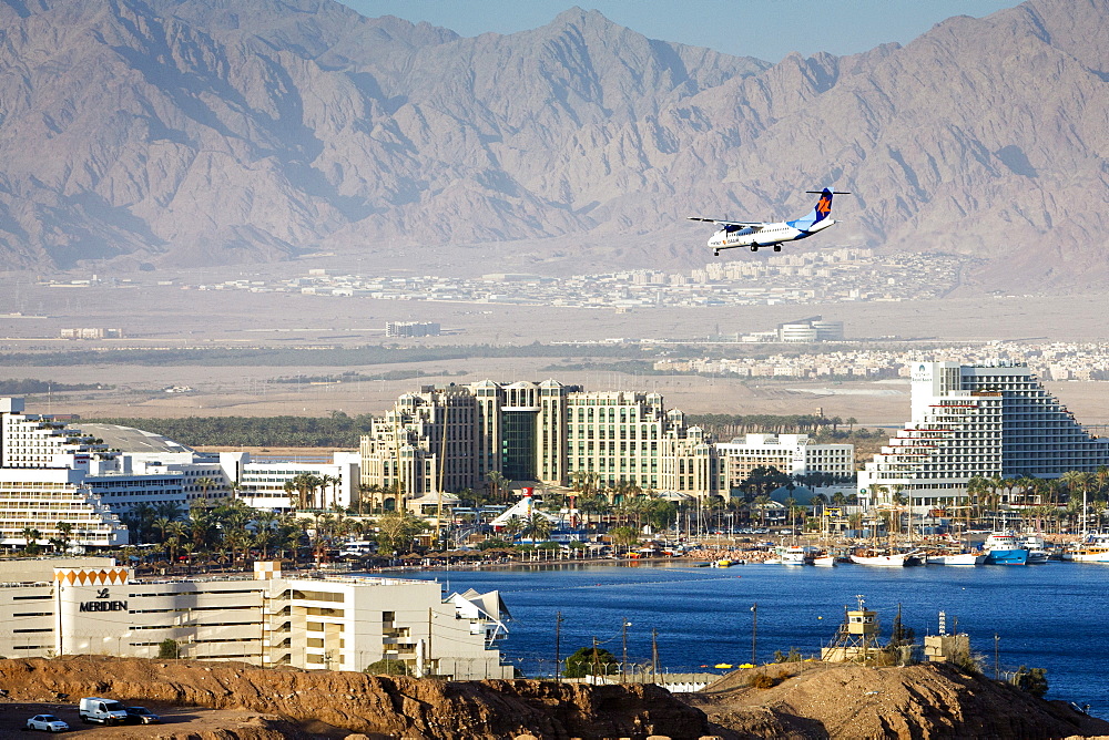 View over the Red Sea, beach and hotels in Eilat, Israel, Middle East