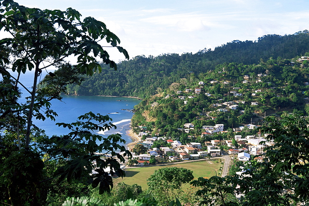 Elevated view over the fishing village of Charlotteville, Tobago, West Indies, Caribbean, Central America