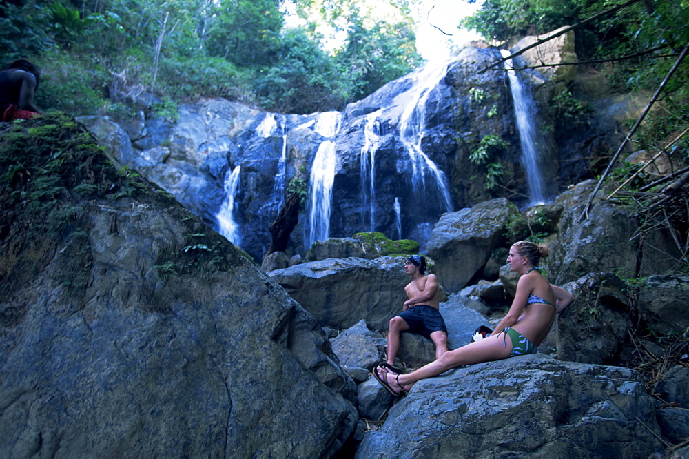 Couple at Argyle waterfall, Tobago, West Indies, Caribbean, Central America