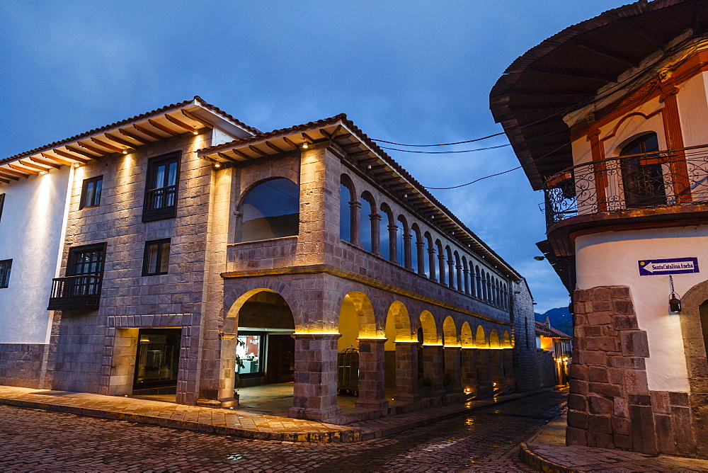 The exterior of the JW Marriott Hotel which is an old restored convent, Cuzco, UNESCO World Heritage Site, Peru, South America 