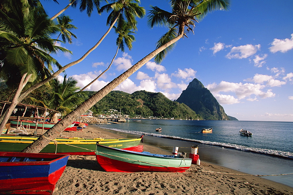 Fishing boats at Soufriere with the Pitons in the background, island of St. Lucia, Windward Islands, West Indies, Caribbean, Central America