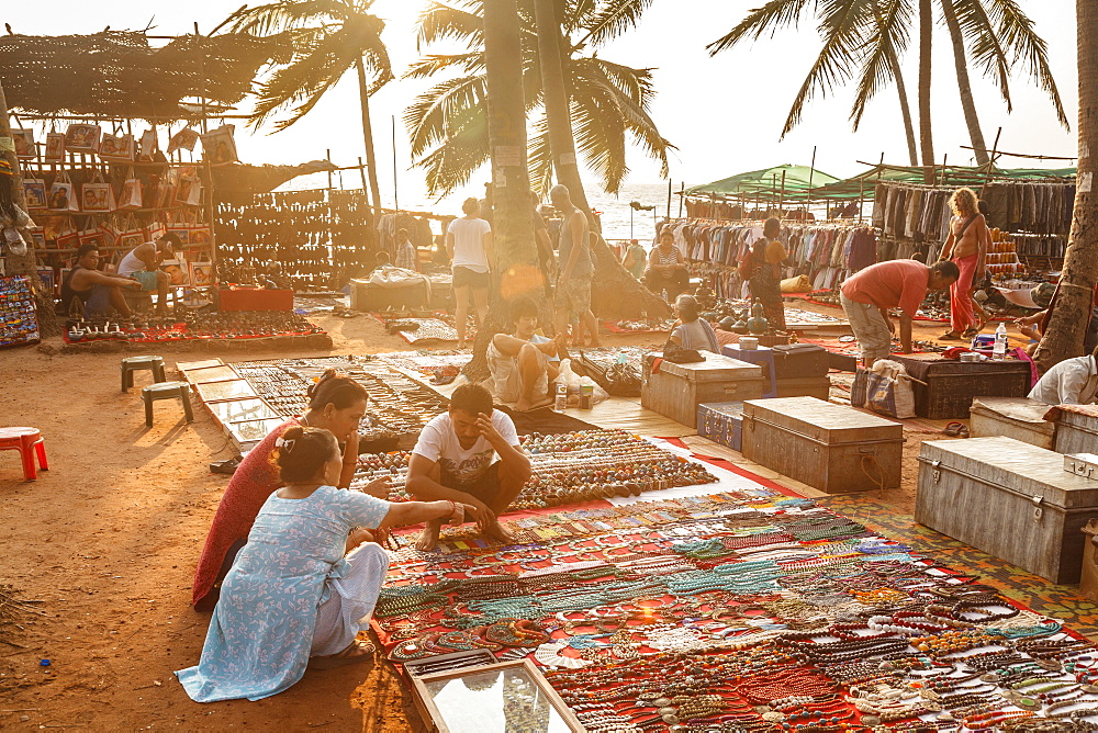 Tibetan selling their craft at the Wednesday Flea Market in Anjuna, Goa, India, Asia