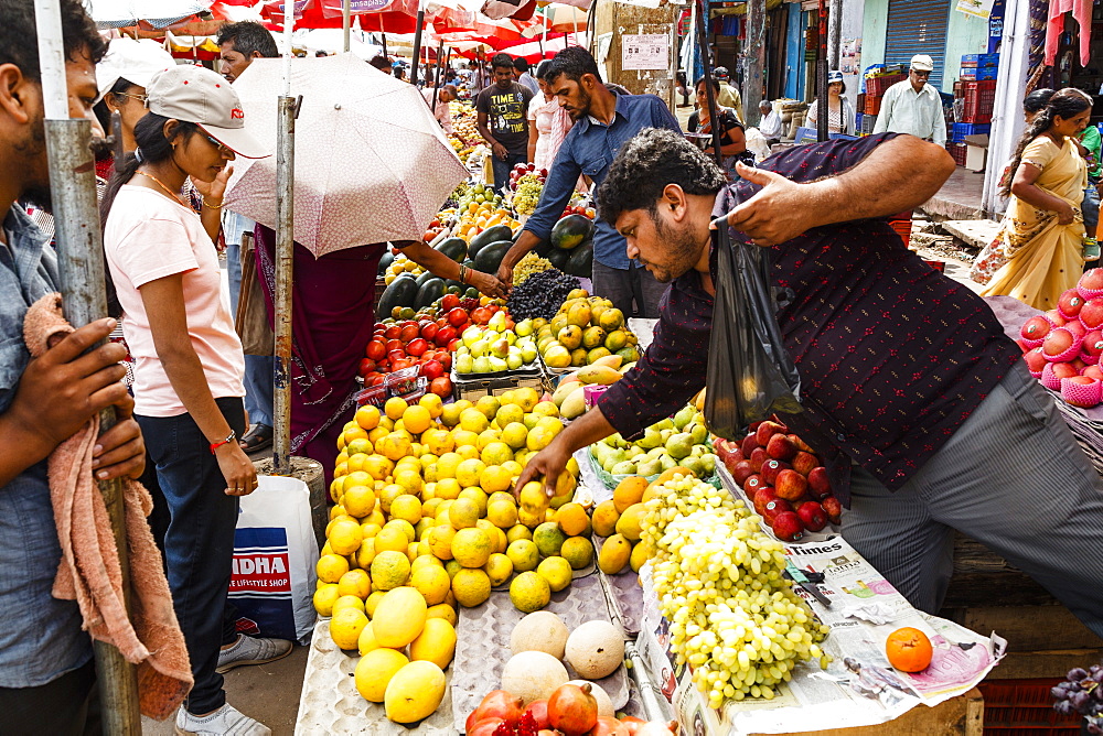 Fruits and vegetables stalls at Mapusa Market, Goa, India, Asia