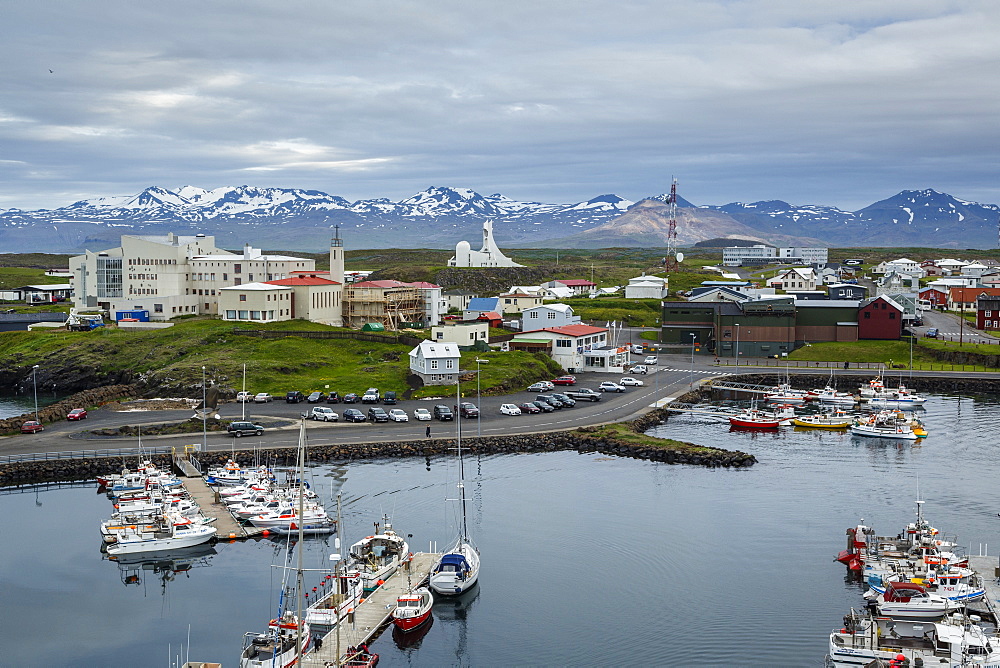 View over the fishing port and houses at Stykkisholmur, Snaefellsnes peninsula, Iceland, Polar Regions