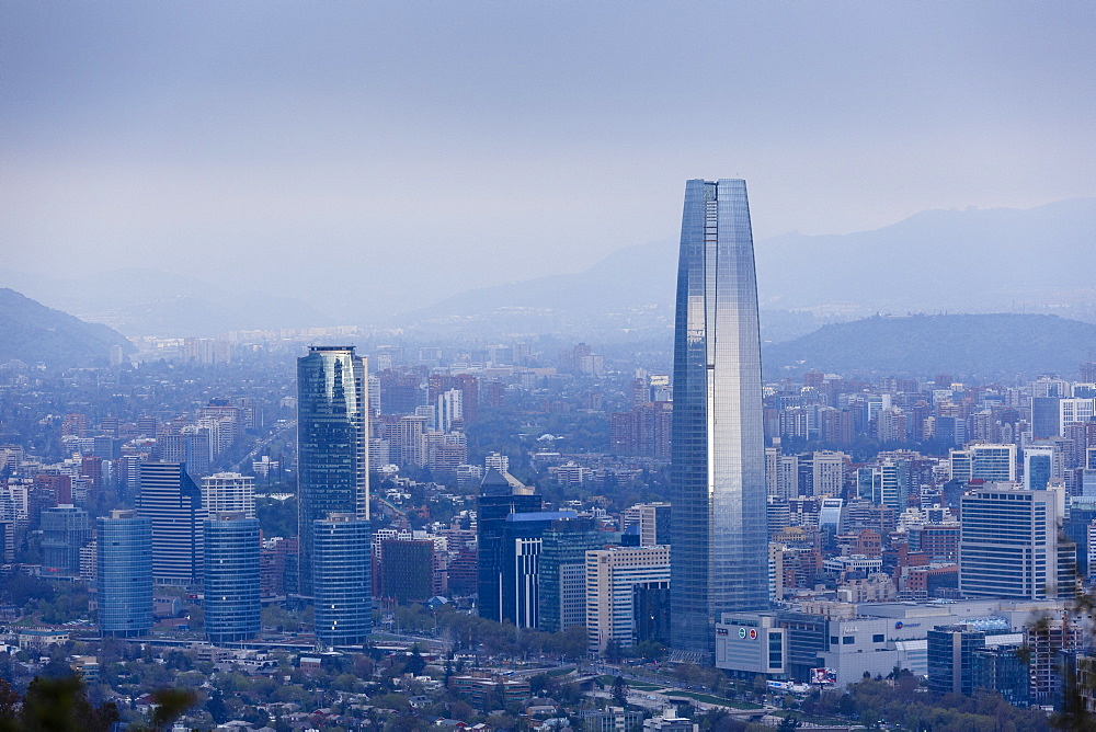 View over the Gran Torre Santiago from Cerro San Cristobal, Santiago, Chile, South America