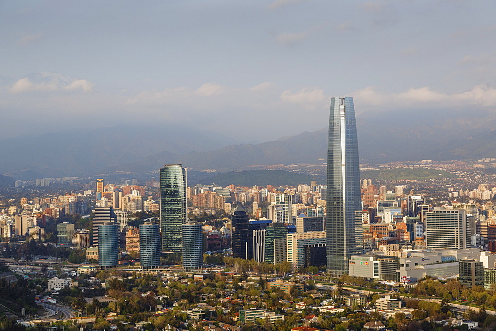 View over the Gran Torre Santiago from Cerro San Cristobal, Santiago, Chile, South America