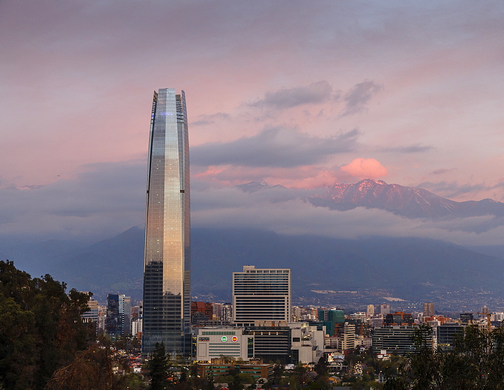 View over the Gran Torre Santiago from Cerro San Cristobal, Santiago, Chile, South America