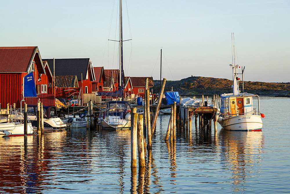 Boats and timber houses, Grebbestad, Bohuslan region, west coast, Sweden, Scandinavia, Europe