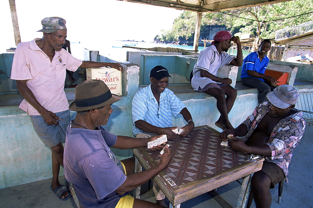 Local men playing dominoes, Anse La Raye, St. Lucia, Windward Islands, West Indies, Caribbean, Central America