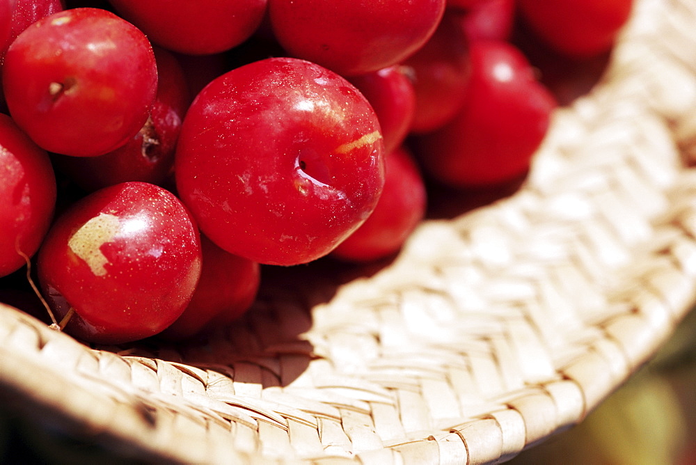 Plums in a basket, Zanzibar, Tanzania, East Africa, Africa