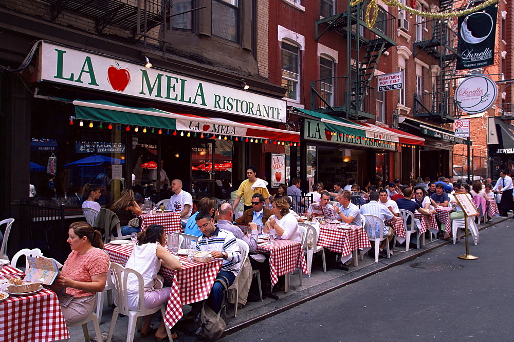 People sitting at an outdoor restaurant, Little Italy, Manhattan, New York, New York State, United States of America, North America