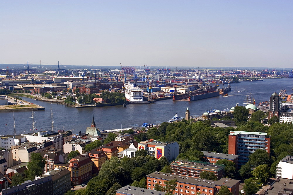 A view over the city and port from Michaeliskirche, Hamburg, Germany, Europe