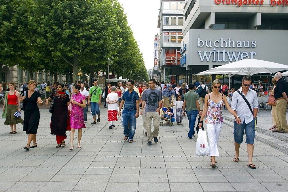 People walking on Konigstrasse (King Street), pedestrianised shopping street, Stuttgart, Baden Wurttemberg, Germany, Europe