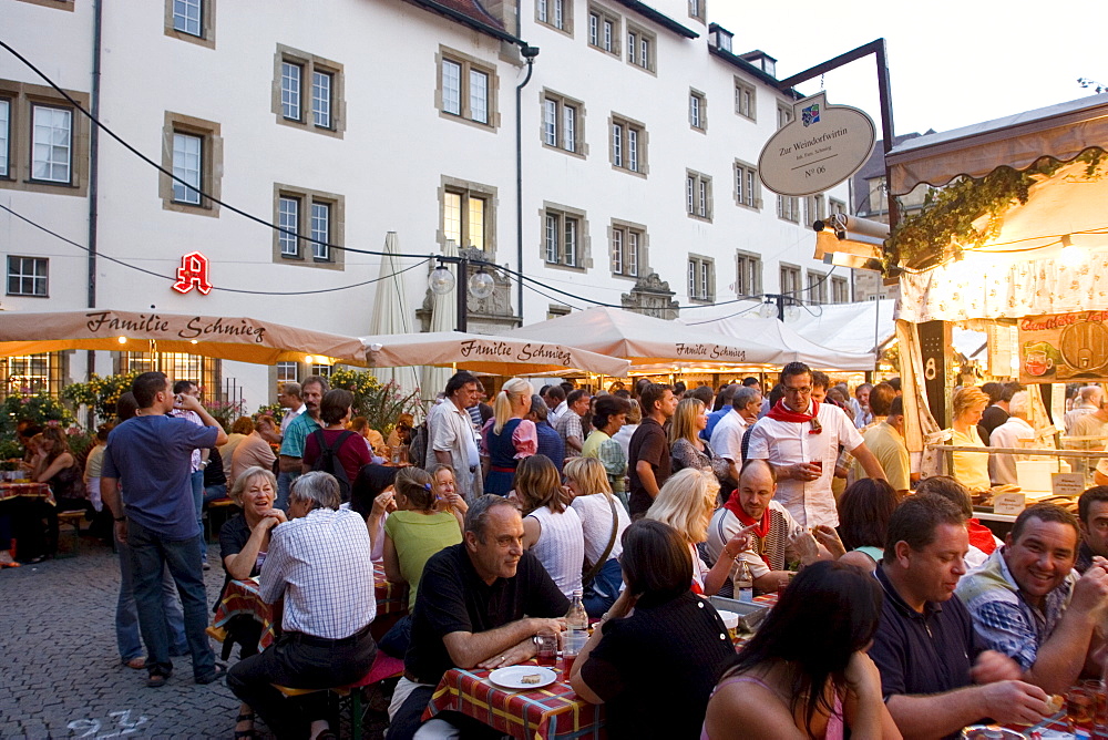 Traditional food and wine stall under the City Hall building during the wine festival, Stuttgart, Baden Wurttemberg, Germany, Europe