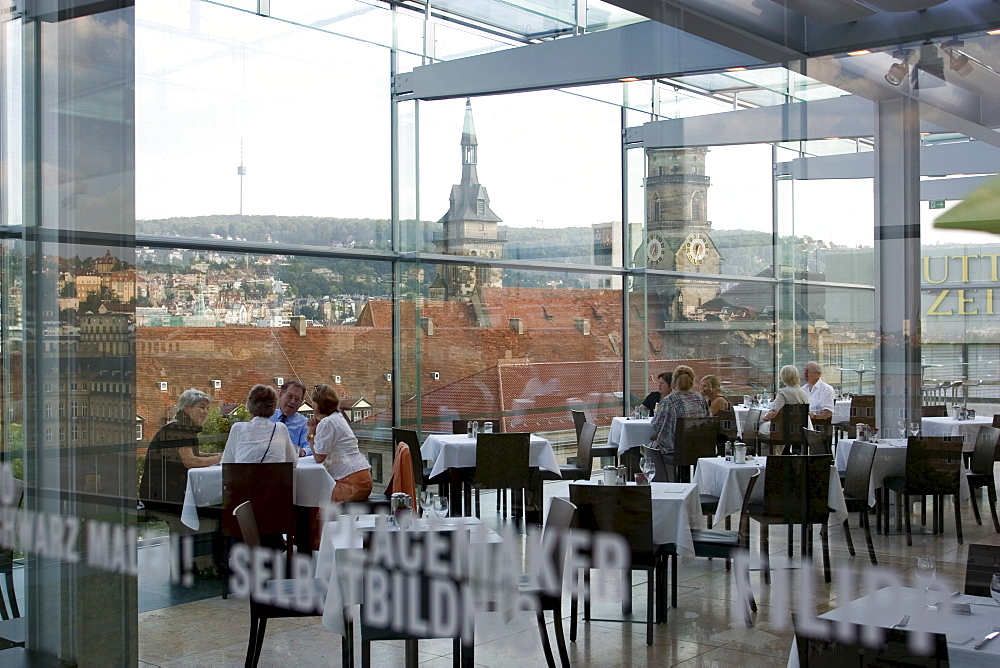 People sitting in the restaurant at the Kunstmuseum's cafe, Stuttgart, Baden Wurttemberg, Germany, Europe