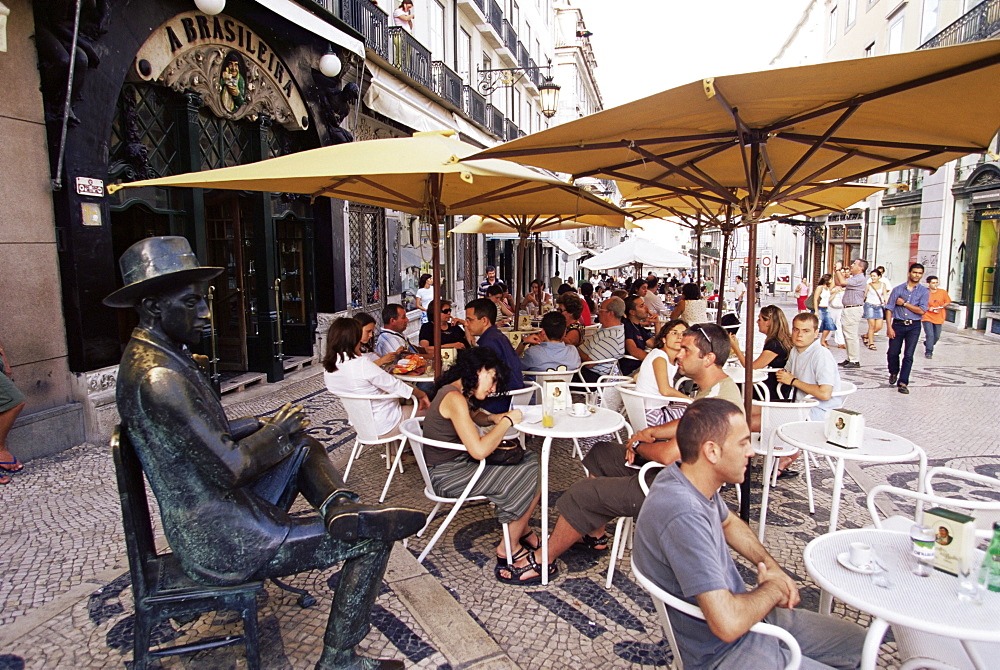 Cafe Brasileira, with sculpture of the poet Fernando Pessoa, Lisbon, Portugal, Europe