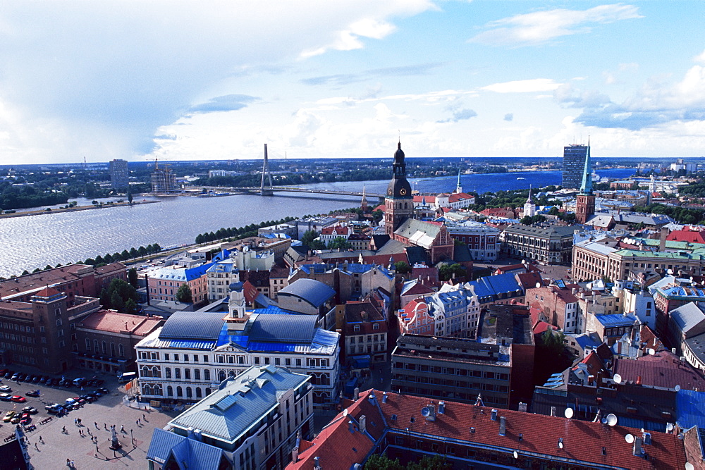 View of the Old Town and the Daugava River, from St. Peter church, Riga, Latvia, Baltic States, Europe