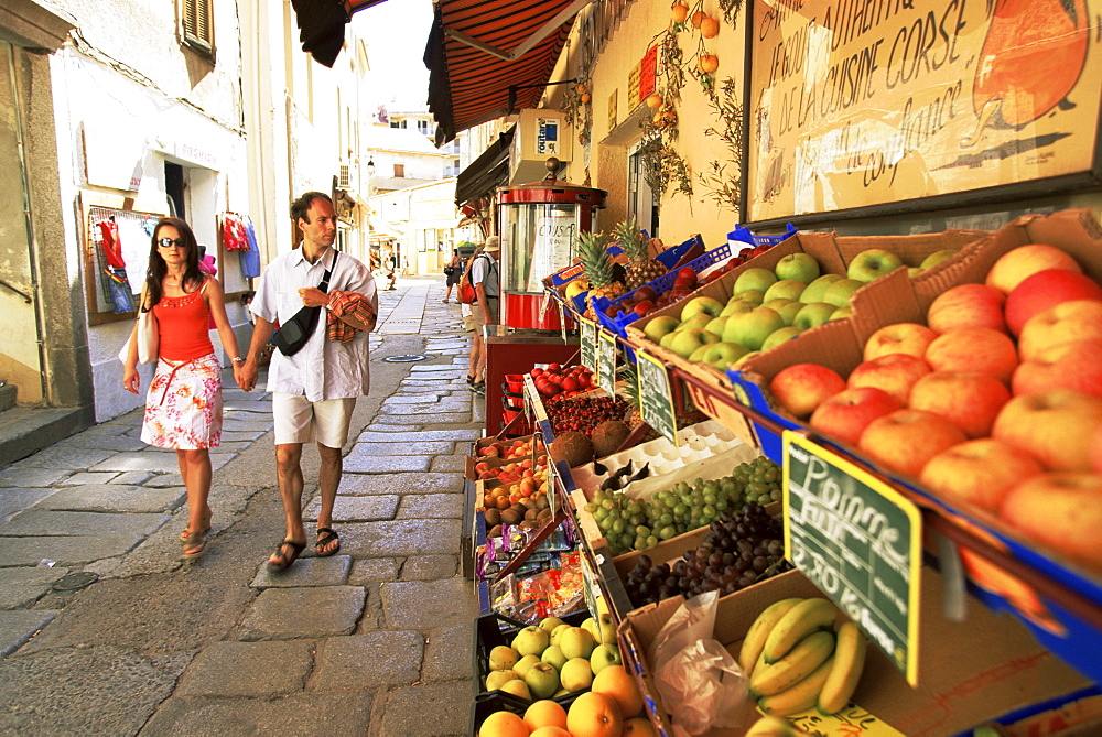 Fruit displayed outside shop, Calvi, Corsica, France, Europe