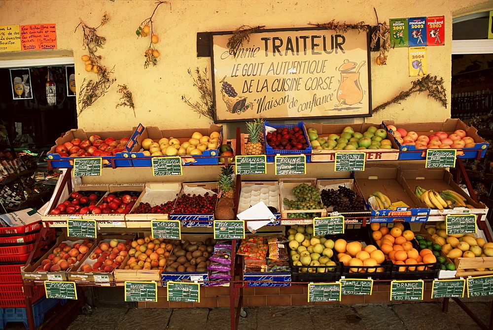 Fruit displayed outside shop, Calvi, Corsica, France, Europe