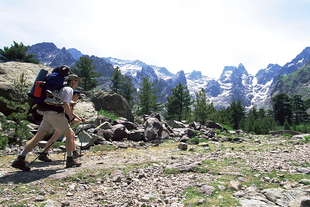 Hikers at Haut Asco, Corsica, France, Europe