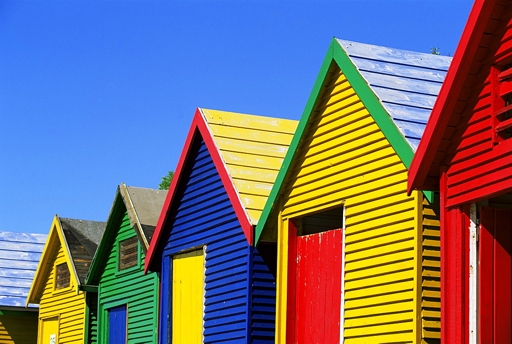 Colourfully painted Victorian bathing huts in False Bay, Cape Town, South Africa, Africa