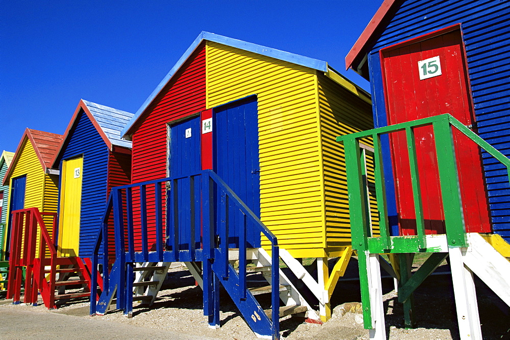 Colourfully painted Victorian bathing huts in False Bay, Cape Town, South Africa, Africa