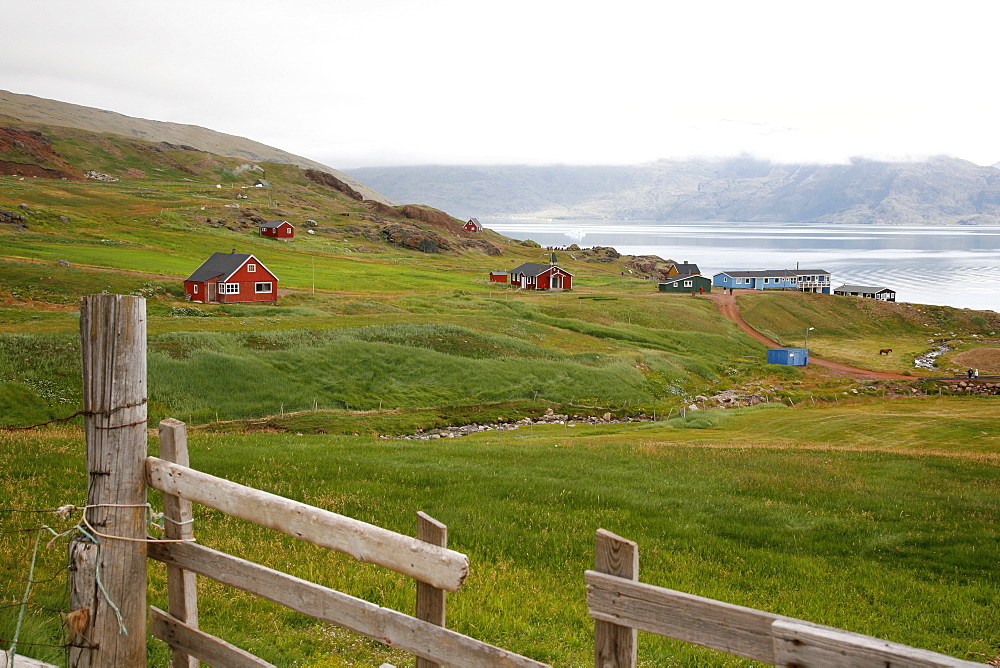 View over Erik the Red's first settlement Brattahlid, known today as Qassiarsuk, South Greenland, Polar Regions