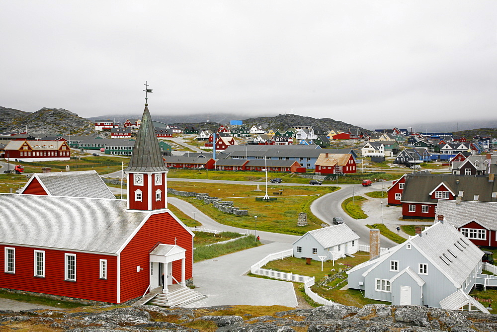 View over houses and the Frelsers Kirke (Our Saviour Church) in the Kolonihavn, Nuuk, Greenland, Polar Regions