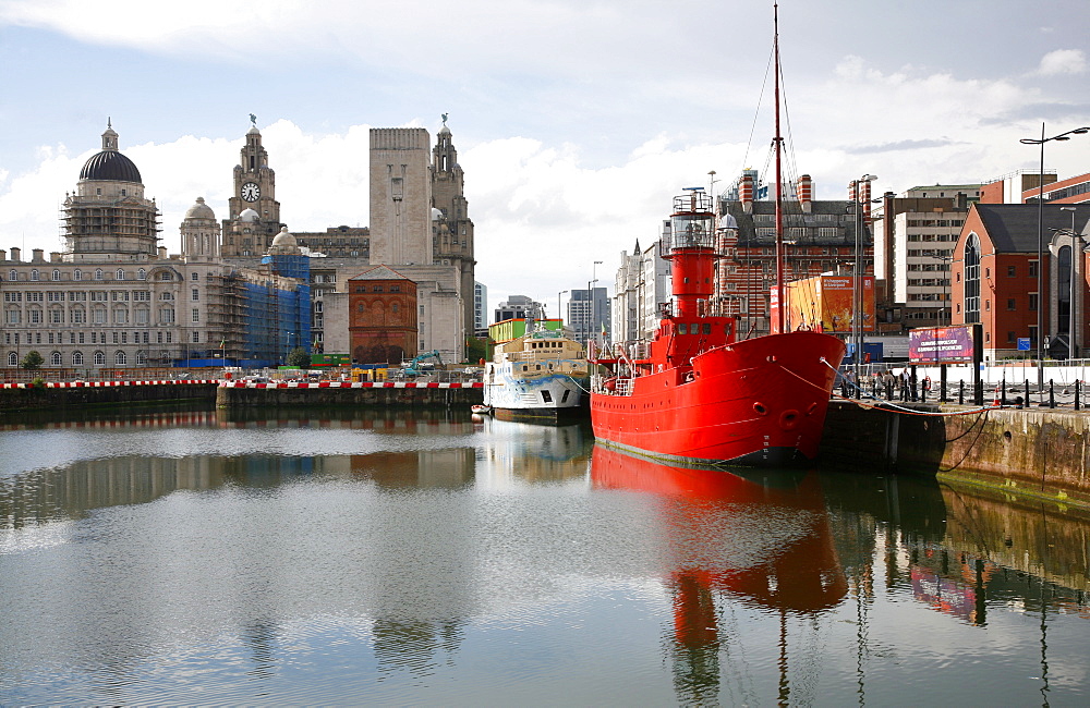 The red lightship at Canning Dock next to Albert Dock with the Liver building in the background, Liverpool, Merseyside, England, United Kingdom, Europe