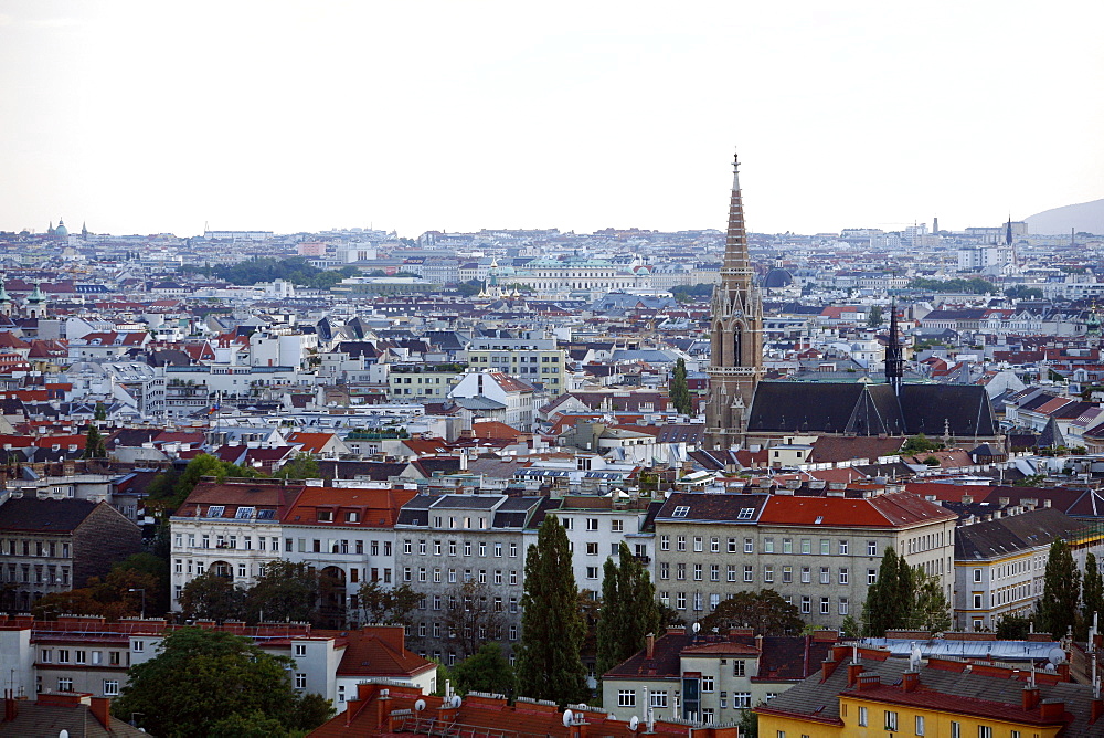 View over the skyline of Vienna from the Riesenrad giant wheel at Prater Amusment Park, Vienna, Austria, Europe