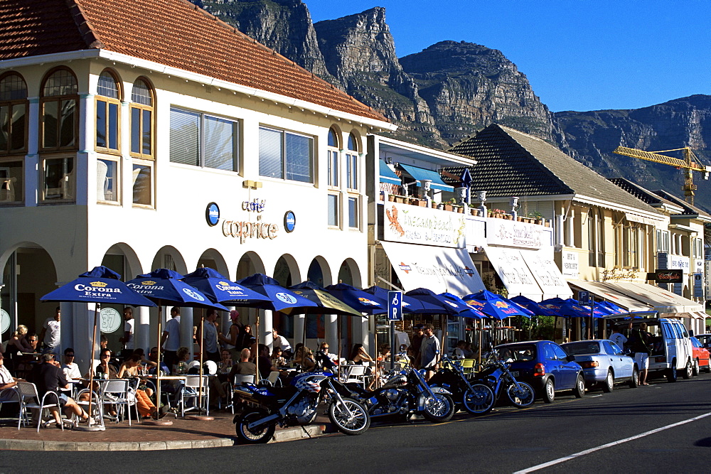 Restaurants long the popular Victoria Road, Camps Bay, Cape Town, South Africa, Africa